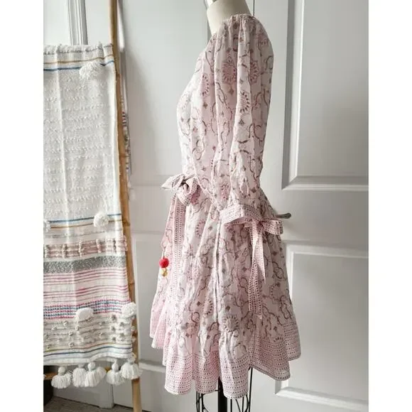 Bell by Alicia Bell Lucy Pink Gold Motif White Puff Sleeves Wrap Mini Dress XS - Picture 6 of 16